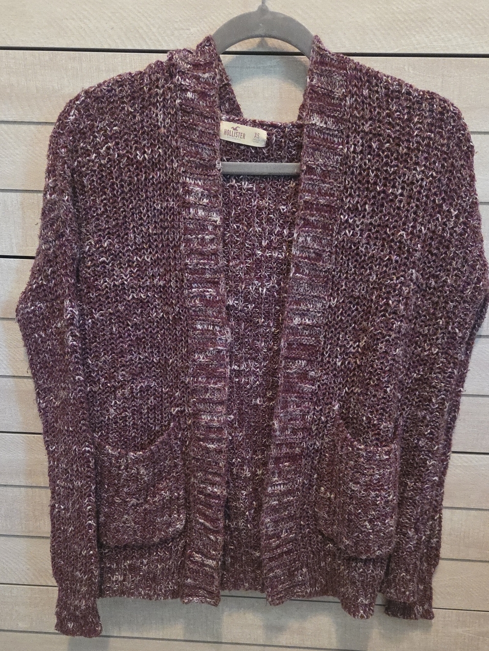 Vintage Hollister Women's Marled Plum Open-Front Pocket Hooded Cardigan Size XS